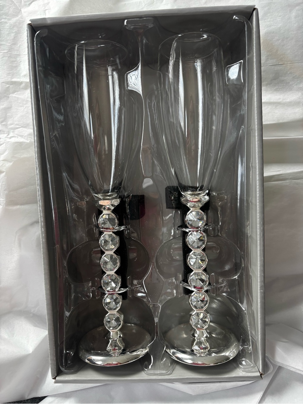 Crystal-Embellished Champagne Flute Set - Clear/Silver new in the box